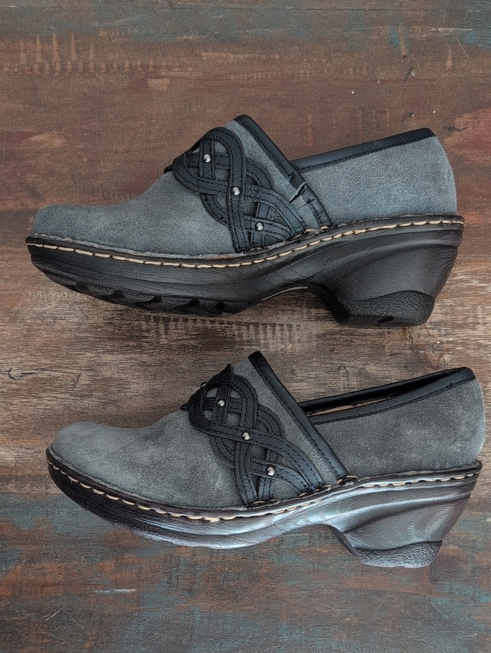 Softspots Comfort Clogs Gray Suede Navy Woven Leather Strap - Women's 8 - Picture 3 of 7